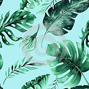 Seamless watercolor pattern of tropical leaves, dense jungle. Ha photo