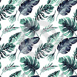 Seamless watercolor pattern of tropical leaves, dense jungle. Ha