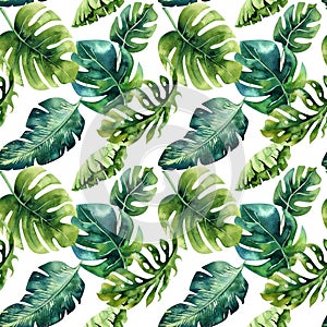 Seamless watercolor pattern of tropical leaves, dense jungle. Ha