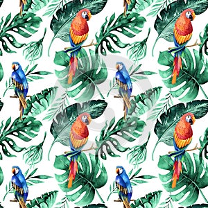 Seamless watercolor pattern of tropical leaves, dense jungle. Ha