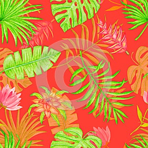 Seamless watercolor pattern of tropical monstera leaves, palm and flowers.