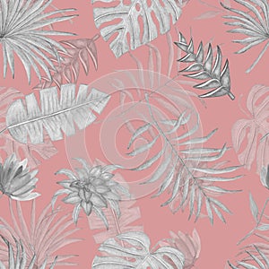 Seamless watercolor pattern of tropical monstera leaves, palm and flowers.