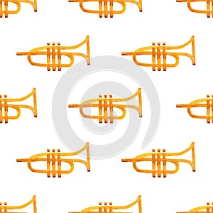 Seamless watercolor pattern with trumpets isolated with clipping mask