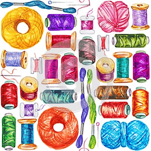 Seamless watercolor pattern of various sewing bobbins