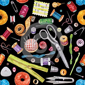 Seamless watercolor pattern of various sewing tools. Sewing kit