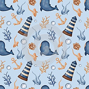 Seamless watercolor pattern with whale, anchor, algae, coral and lighthouse. Childish cartoon whale, underwater life background