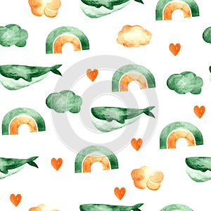 A seamless watercolor pattern with whales, clouds, rainbows, and hearts.