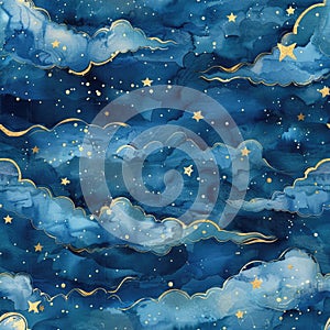 Seamless watercolor pattern with whimsical clouds and stars in a dreamy night sky