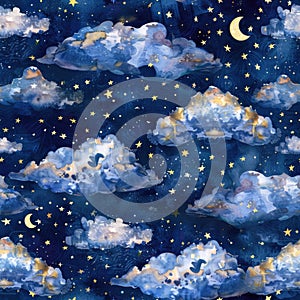 Seamless watercolor pattern with whimsical clouds and stars in a dreamy night sky