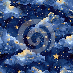 Seamless watercolor pattern with whimsical clouds and stars in a dreamy night sky