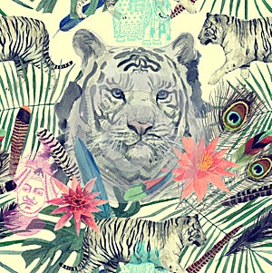 Seamless watercolor pattern with white tigers, elephant, maharajah leaves, flowers.