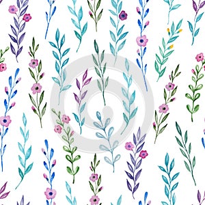 Seamless watercolor pattern of wildflowers. Gentle Blue Background