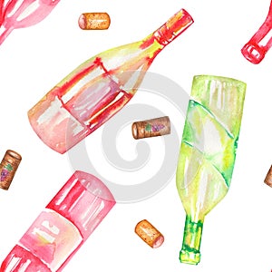 A seamless watercolor pattern with the wine (champagne) bottles and the wine corks. Painted on a white background.