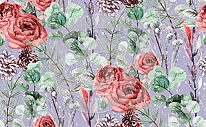 Seamless watercolor pattern with winter bouquet of red roses and fir branches and dried flowers on purple background