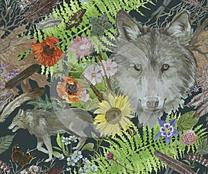 Seamless watercolor pattern with wolfs, leaves, flowers, feathers.