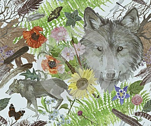 Seamless watercolor pattern with wolfs, leaves, flowers, feathers.