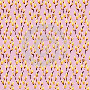 Seamless watercolor pattern with yellow buds on willow branches on pink color background. Vintage style. Botany pattern