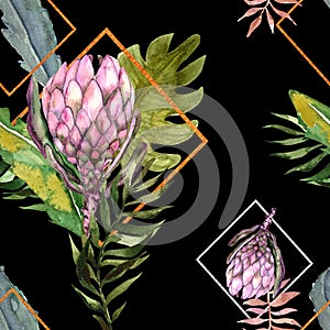 seamless watercolor protea pattern with gold frame and tropical leaves