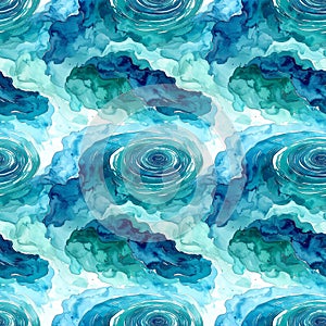 Seamless watercolor pattern in shades of blue and green, featuring swirling, wave-like textures