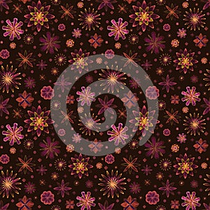 Seamless watercolor romantic mandala abstract flowers colorful floral pattern on brown background. Bright watercolour illustration