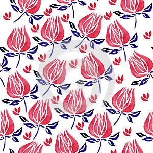 Seamless watercolor spring flower pattern. Pink buds, small inflorescences and purple leaves