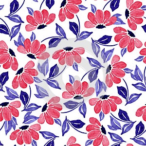 Seamless watercolor spring flower pattern. Pink daisies and purple leaves