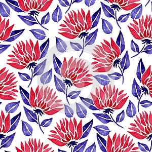 Seamless watercolor spring flower pattern. Pink open buds and purple leaves