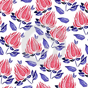 Seamless watercolor spring flower pattern. Pink pointed buds and purple leaves