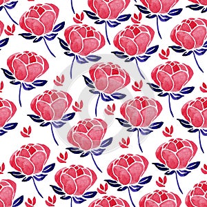 Seamless watercolor spring flower pattern. Pink rounded buds and purple leaves