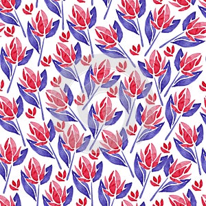 Seamless watercolor spring flower pattern. Pink tulips and purple leaves