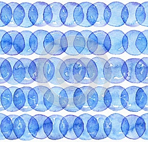 Seamless watercolor texture, based on blue hand drawn imperfect circles in a geometric repeating design. Square pattern, good for