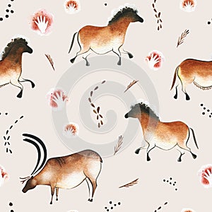 Seamless watercolor texture with rock arts-dots,hands,horses and deers.