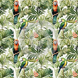 seamless watercolor tropical pattern with bright parrots, leaves and flowers