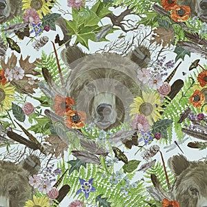 Seamless watercolor vinage style pattern with bear heads, flowers, leaves, feathers