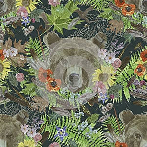 Seamless watercolor vinage style pattern with bear heads, flowers, leaves, feathers