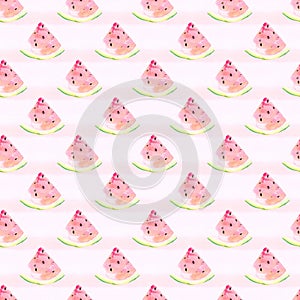 Seamless watercolor watermelon slices on striped pink background pattern