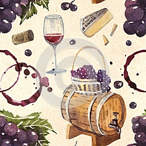 seamless watercolor wine pattern, bottle, barrel, grapes and vine leaves, collaged vintage style