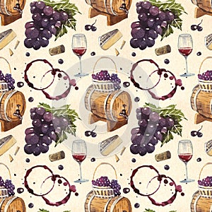 A seamless watercolor wine pattern with drawings of wine glasses, bottle, barrel, grapes and vine leaves