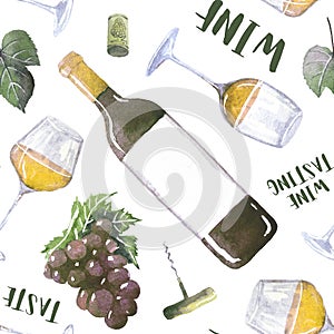 seamless watercolor wine pattern with drawings of wine glasses, bottle, branches of grape, corkscrew and lettering