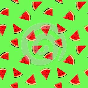 Seamless watermelons pattern. background with gouache watermelon slices on light green background. Fresh fruits seasonal