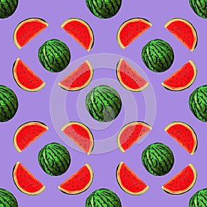 Seamless watermelons pattern. background with gouache watermelon slices on purple background. Fresh fruits seasonal background