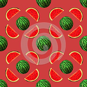 Seamless watermelons pattern. background with gouache watermelon slices on red background. Fresh fruits seasonal background flat