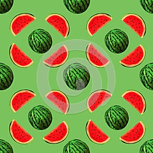 Seamless watermelons pattern on light green background. background with gouache watermelon slices. Fresh fruits seasonal