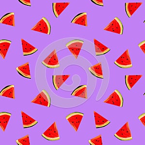 Seamless watermelons pattern on lilac background. background with gouache watermelon slices. Fresh fruits seasonal background flat