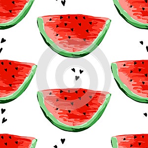 Seamless watermelons pattern. Slices of watermelon, berry background. Painted fruit, graphic art, cartoon.