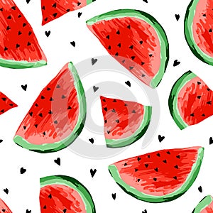 Seamless watermelons pattern. Slices of watermelon, berry background. Painted fruit, graphic art, cartoon.