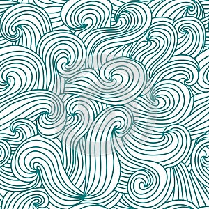 Seamless wave hand-drawn pattern. Blue sea abstract waving curling lines. Perfectly look on fabric, textile, etc.
