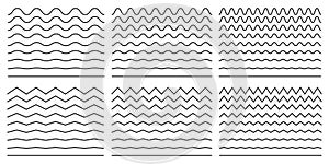 Seamless wavy line and zigzag patterns set. Horizontal curvy waves stripe and zig zags. Collection of underlines, linear sings