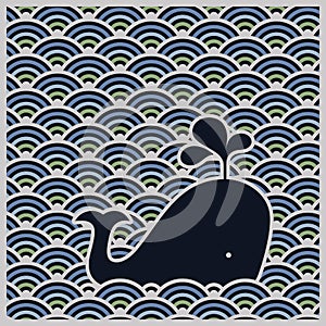 Seamless wavy pattern with blue whale - vector