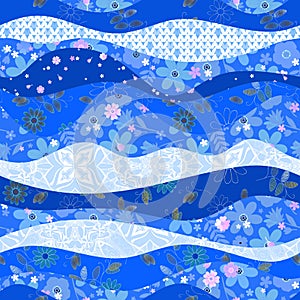 Seamless wavy pattern of knitted, embroidered and fabric patches with flowers in blue tones. Print for textiles. Vector